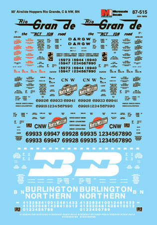 Microscale 87-515 HO Assorted 50'' Airslide Covered Hoppers Decal Sheet