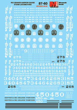 Microscale 87-60 HO Denver & Rio Grande Western Narrow Gauge Steam Decal Sheet