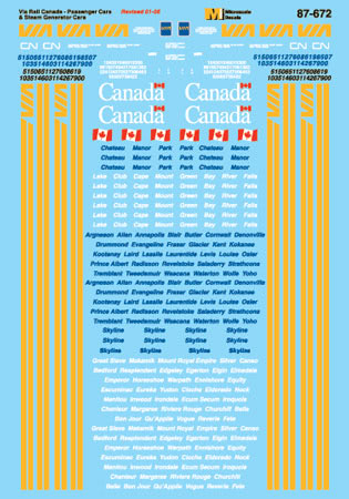 Microscale 87-672 HO 1978-2002 VIA Rail Canada Passenger Cars Decal Sheet
