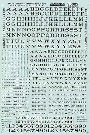 Microscale 70002 N Black Roman Railroad Alphabets & Numbers Decal Sheet