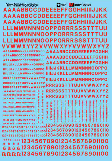 Microscale 70105 N Red Railroad Gothic Letters & Numbers Decal Sheet