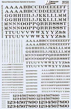 Microscale 90122 HO Black Railroad Roman Alphabets & Numbers Stencil Decal Sheet