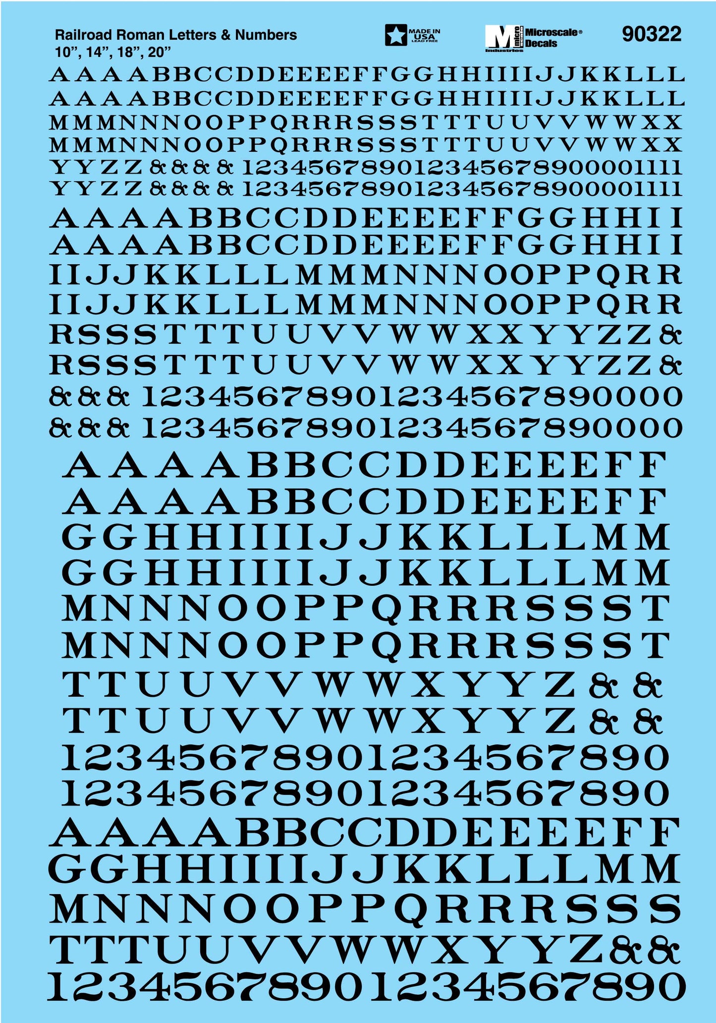 Microscale 90322 HO Black Railroad Roman Letters & Numbers Decal Sheet