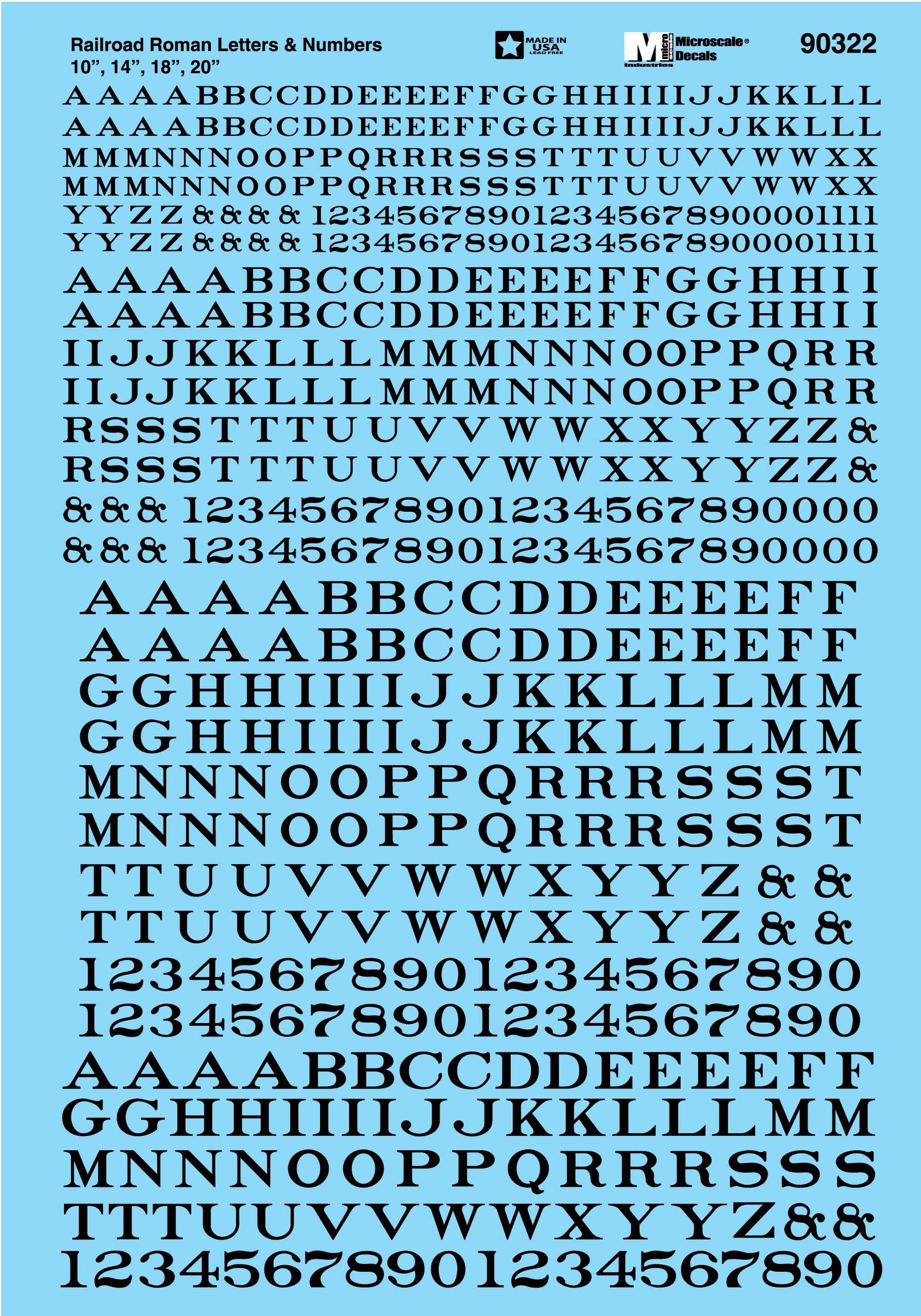 Microscale 90322 HO Black Railroad Roman Letters & Numbers Decal Sheet