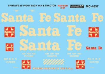 Microscale 60-4037 N 1950-60's Santa Fe 25' Piggyback Van & Tractor Decal Sheet