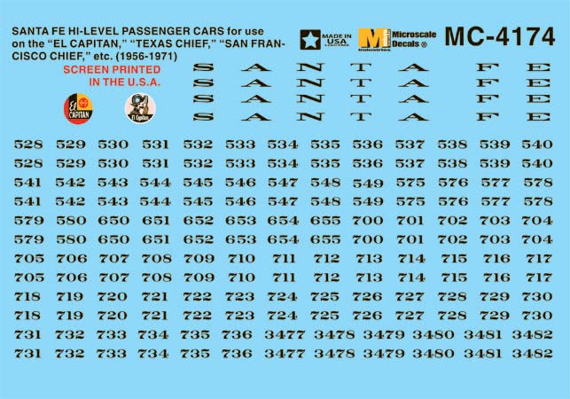 Microscale MC-4174 HO 1956-70 Santa Fe Hi-Level El Capitan Passenger Decal Sheet