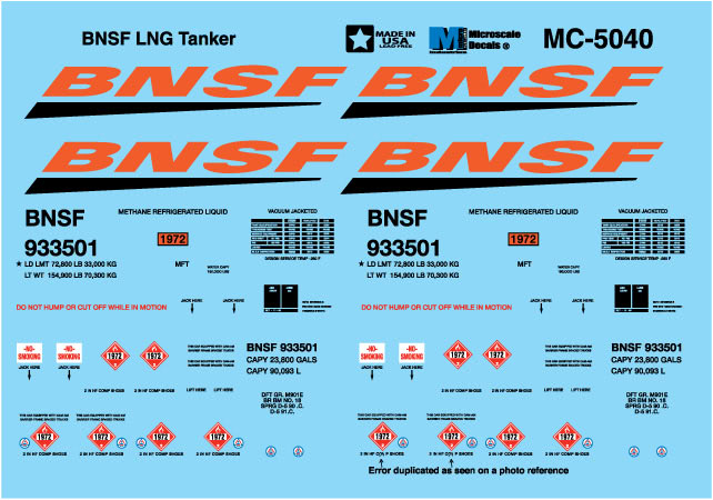 Microscale MC-5040 HO BNSF Liquefied Natural Gas Tanker Decal Sheet