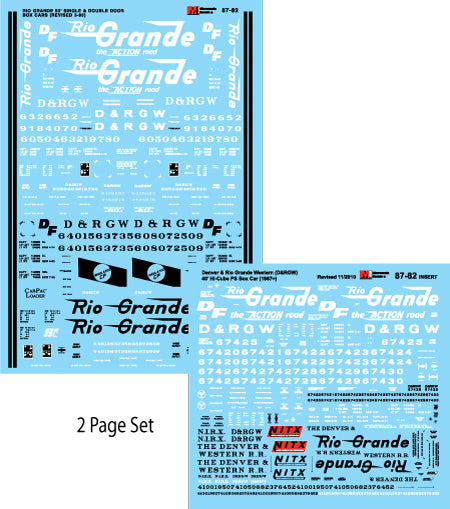 Microscale 87-82 HO D&RGW 50'' Single & Double Door Boxcars Decal Sheet