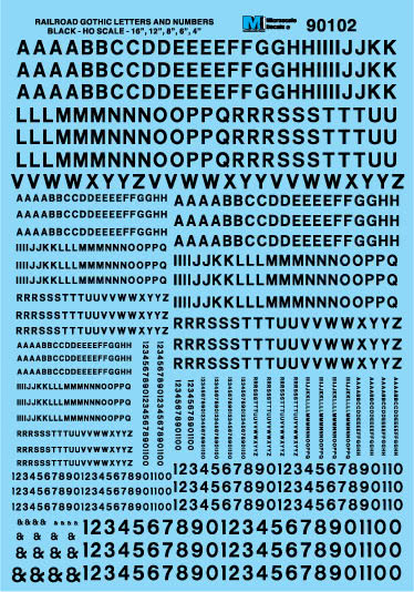 Microscale 90102 HO Scale Black Gothic Railroad Alphabets - Numbers Decal Sheet