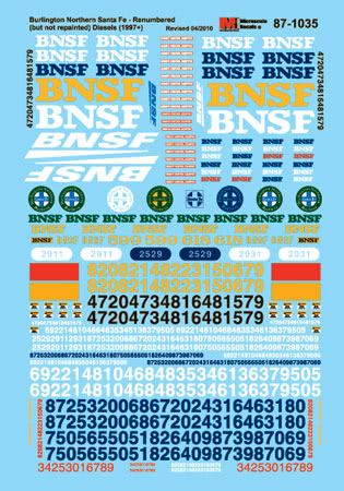 Microscale 87-1035 HO BNSF Renumbered Diesel 1997+ Waterslide Decal Sheet