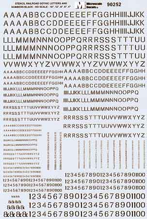 Microscale 90252 HO Black Gothic Railroad Letters & Numbers Stencil Decal Sheet