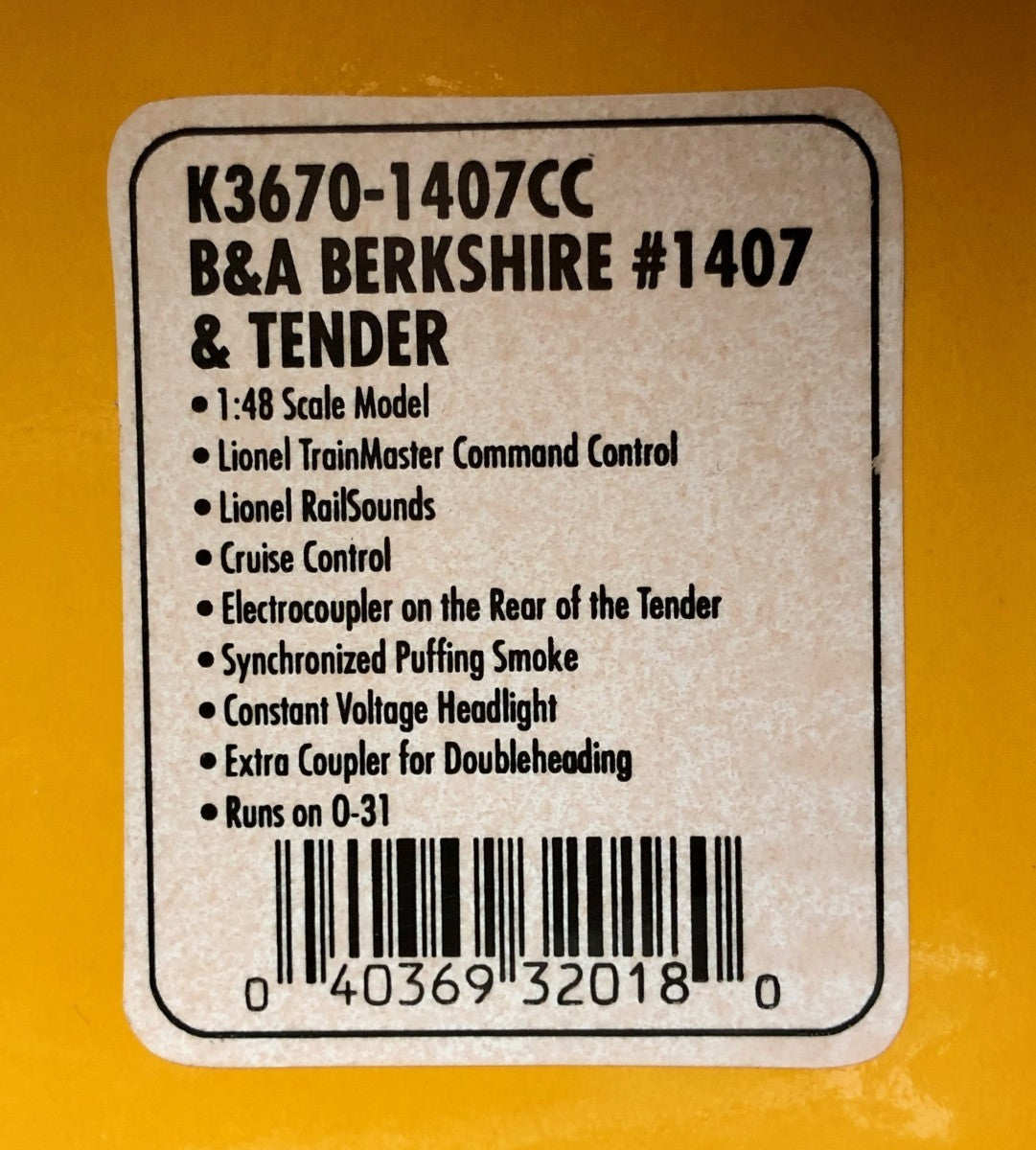K-Line K3670-1407CC Boston & Albany 2-8-4 Berkshire Steam Locomotive #1407 TMCC LN/Box