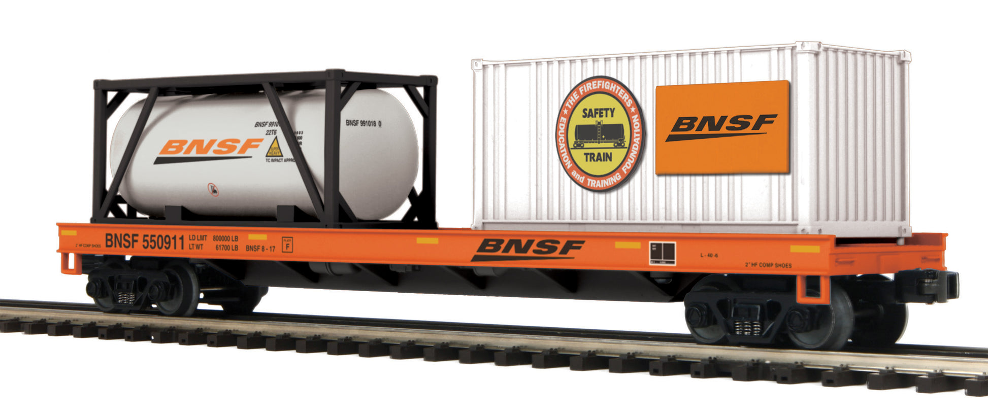MTH 20-95294 O BNSF Flat Car with Tank Container and 20' Container #550911 LN/Box