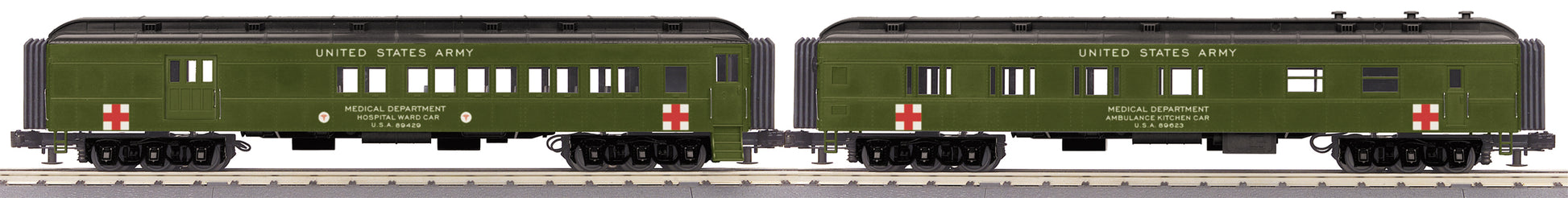 MTH 30-69256 O U.S. Army 2-Car 60' Madison Combo/Diner Set #89425, #89623