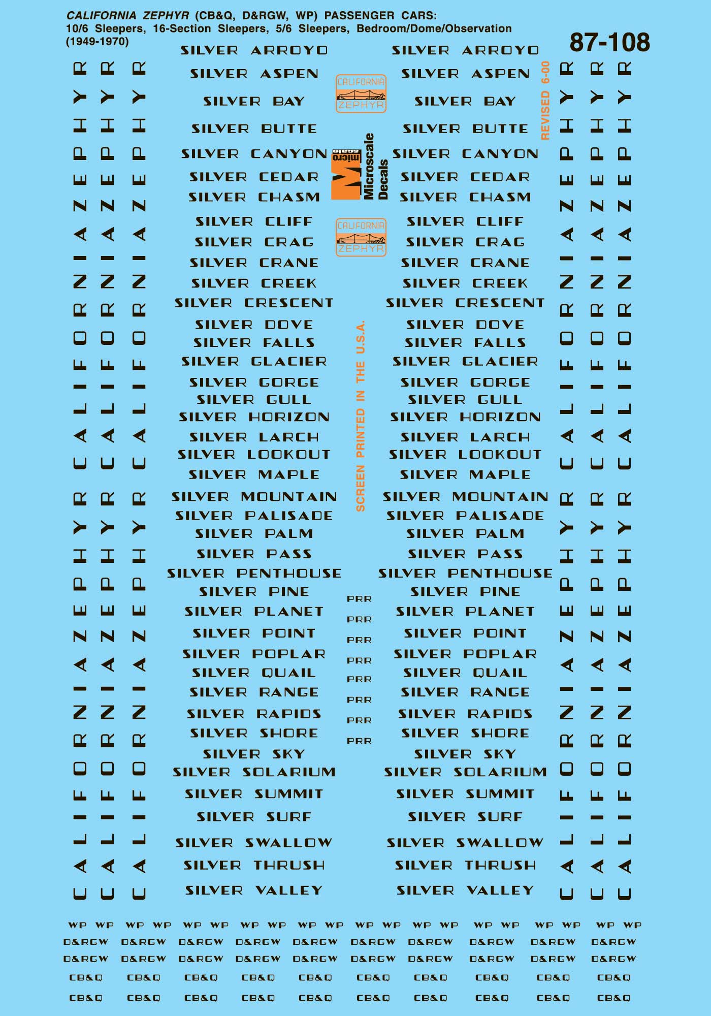 Microscale 87-108 HO California Zephyr CB&Q, D&RGW, WP Passenger Car Decal Sheet