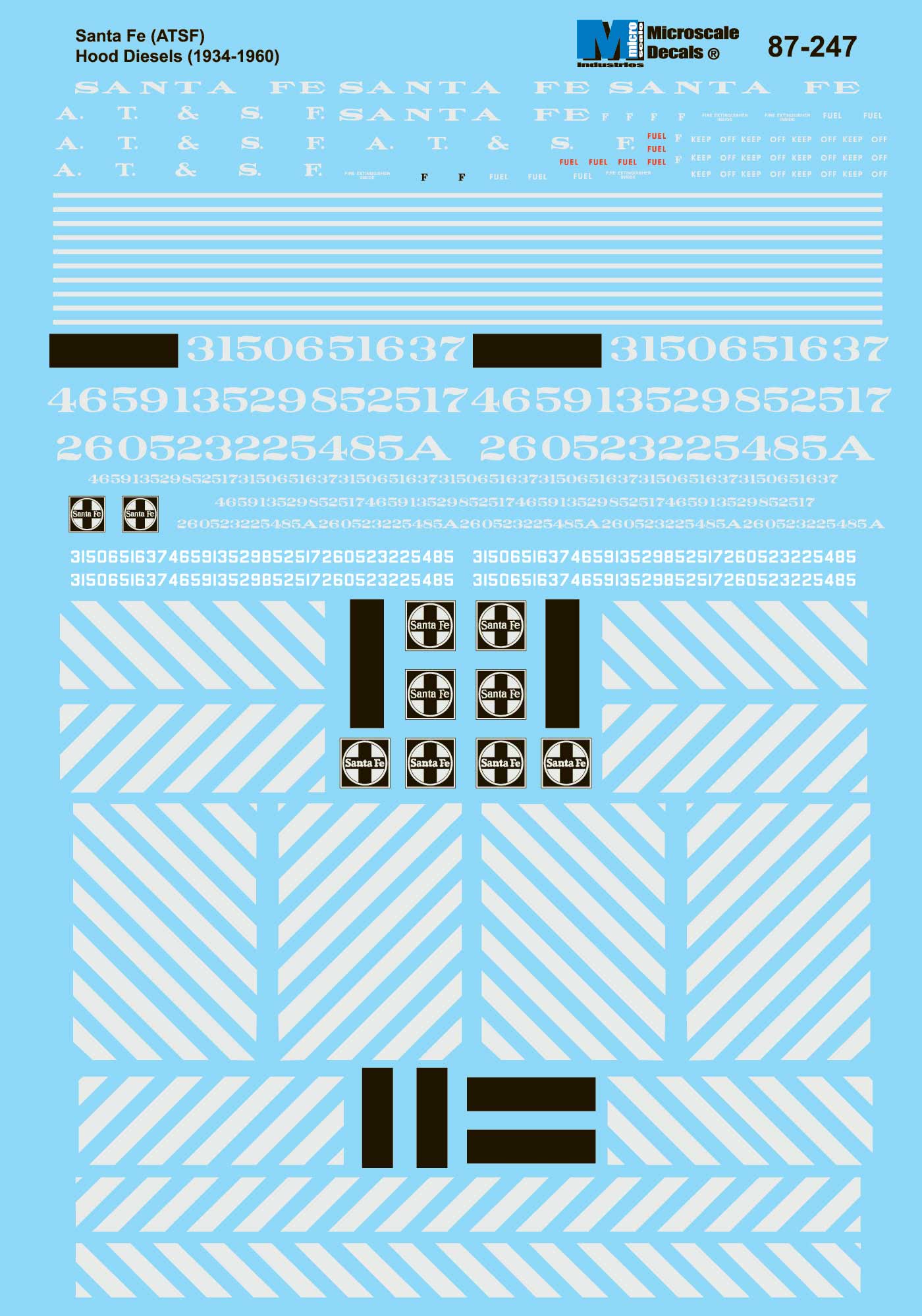 Microscale 60-247 N 1934-1960 Santa Fe Hood Diesel Silver Stripes Decal Sheet