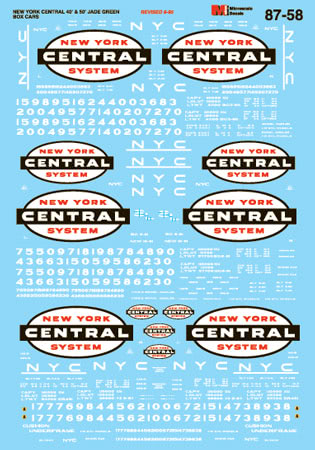 Microscale 87-58 HO 1958-1968 New York Central 40'' and 50'' Boxcars Decal Sheet