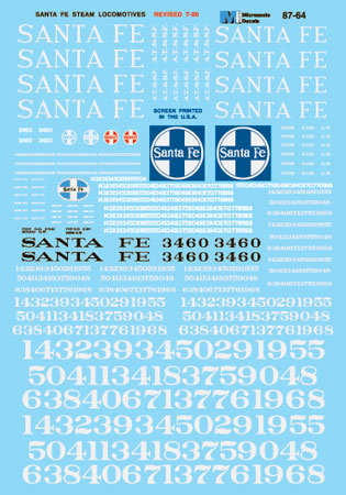 Microscale 87-64 HO ATSF Steam Locomotives Silver Lettering Decal Sheet