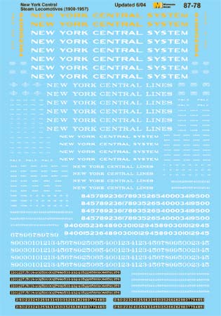 Microscale 87-78 HO New York Central Medium Steam Locomotives Decal Sheet
