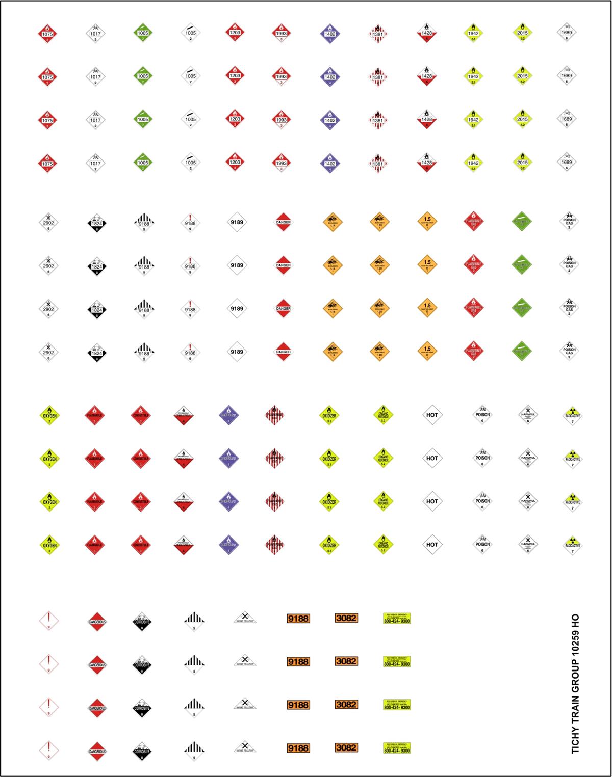 Tichy 10259 HO Hazardous Materials Placards Railroad Decal Set (170)