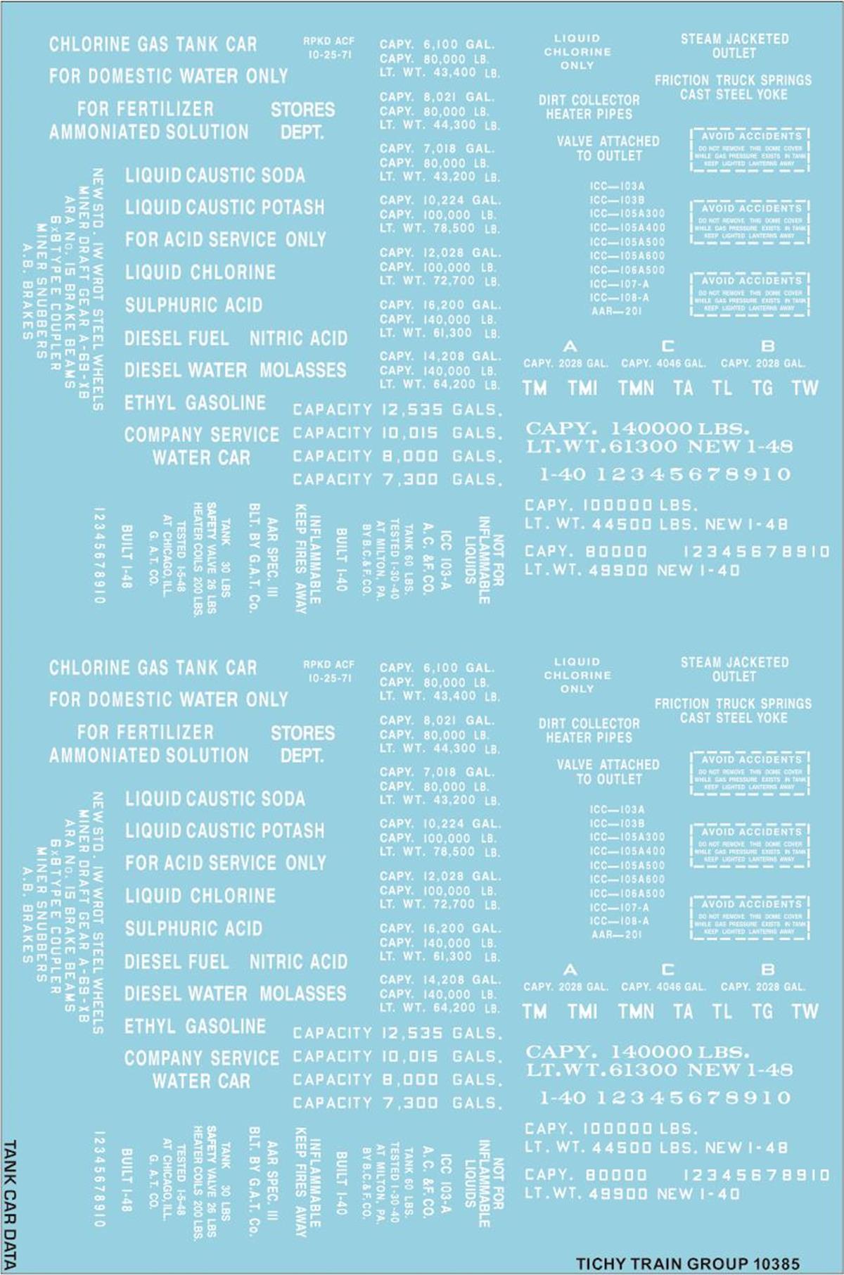 Tichy 10385 HO Generic Tank Car Data (White Lettering) Railroad Decal Set