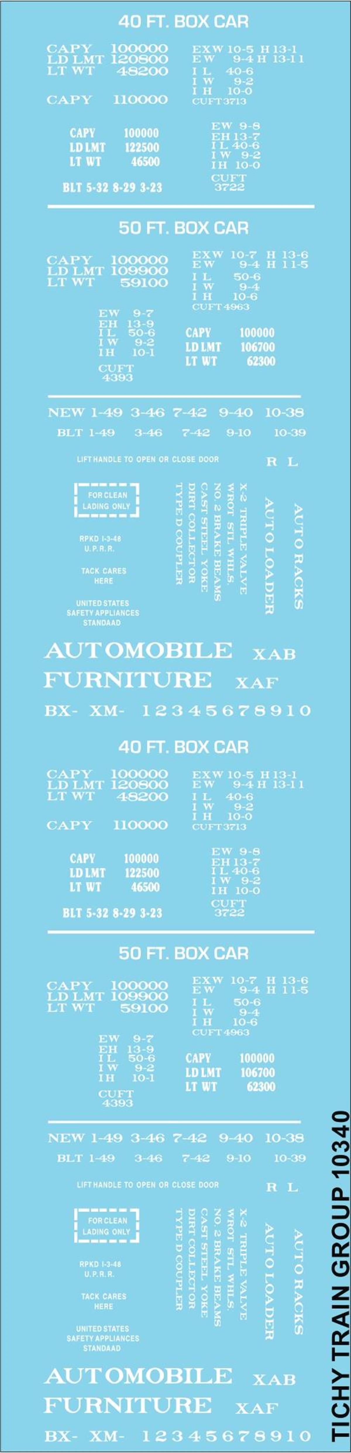 Tichy 10340 HO 40'' and 50'' Boxcar Data (White) Railroad Decal Set