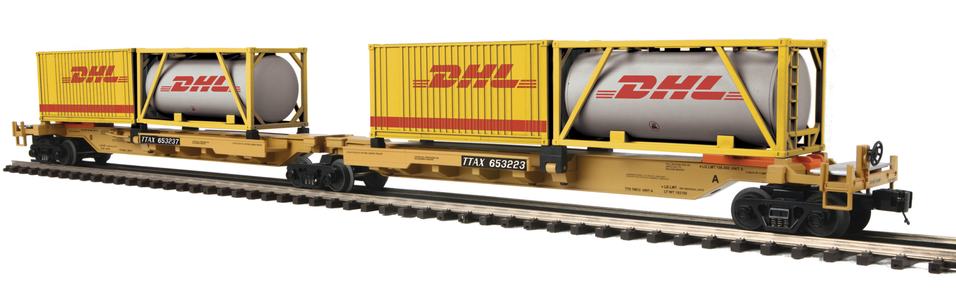 MTH 20-95299 O TTX DHL Spine Car Set w/Tank Container & 20' Container (Set of 2)