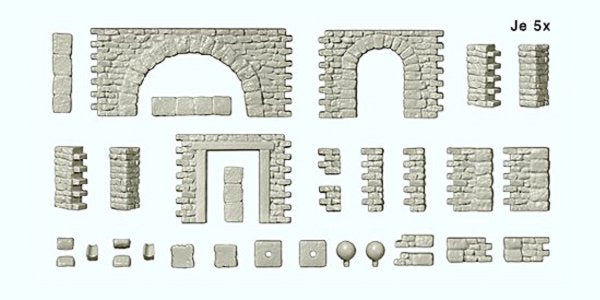 Preiser 18217 HO Quarrystone Walls with Doorways, Arches & Corner Posts Kit