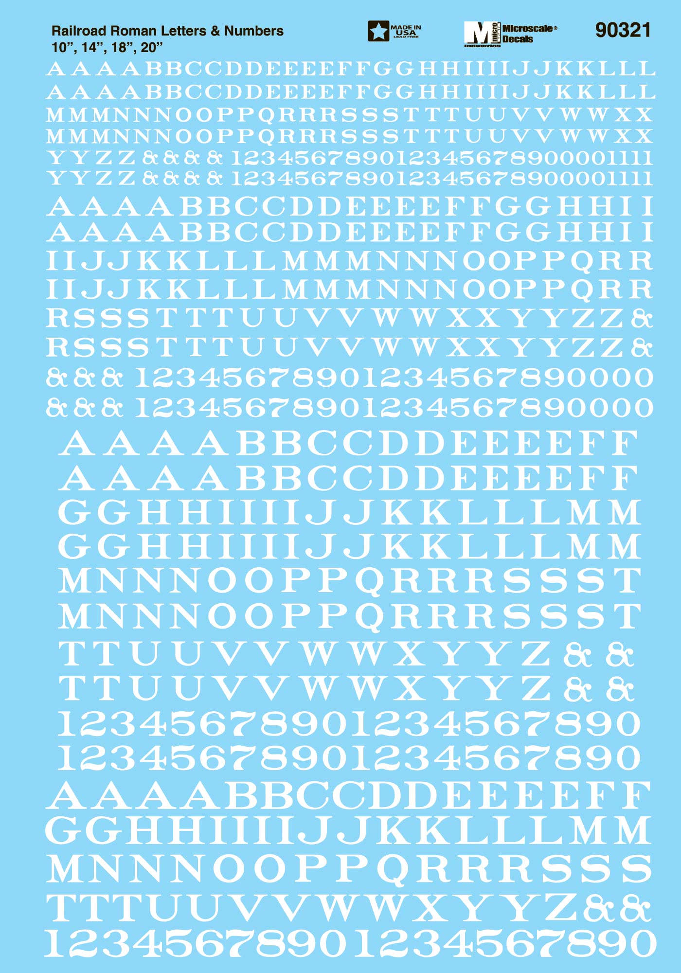 Microscale 90321 HO White Railroad Roman Letters and Numbers Decal Sheet