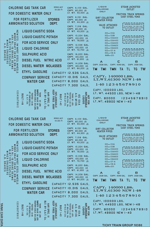 Tichy 10380 HO Generic Tank Car Data Black Lettering Decal