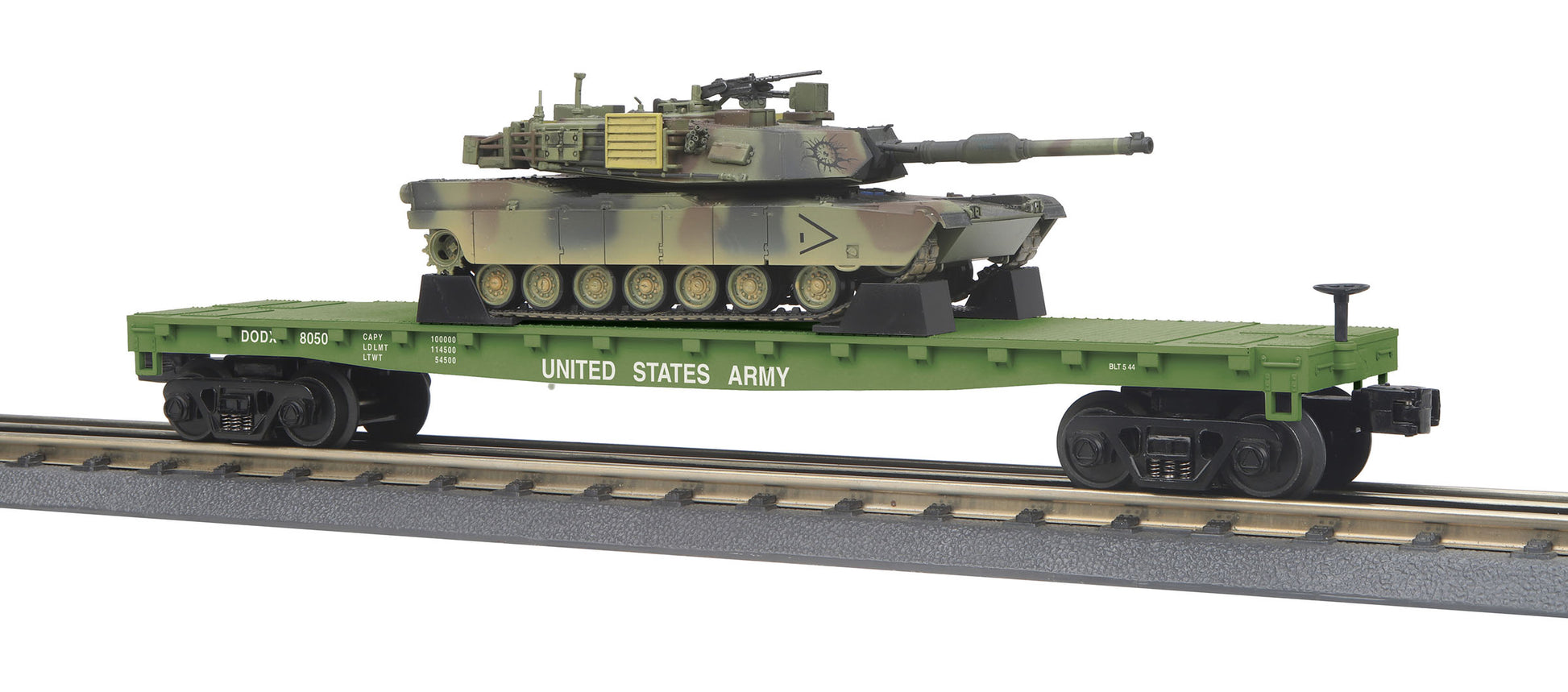 MTH 30-76770 O Gauge U.S. Army Flatcar with M1A Abrams Tank #8050 LN/Box