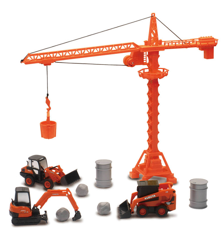New-Ray SS-33563 1:64 Kubota Construction Vehicles with Crane & Accessories Set