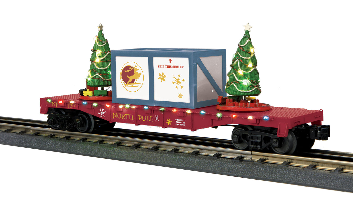 MTH 30-76776 O North Pole Flat Car w/ Xmas Trees & Maroon/Blue Crate #1201 LN
