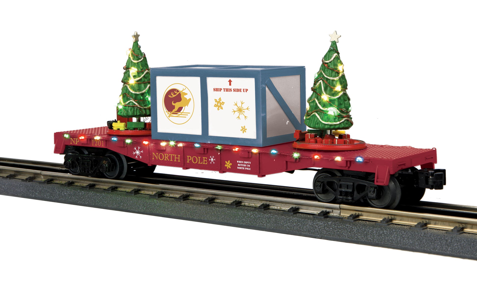 MTH 30-76776 O North Pole Flat Car w/ Xmas Trees & Maroon/Blue Crate #1201 LN