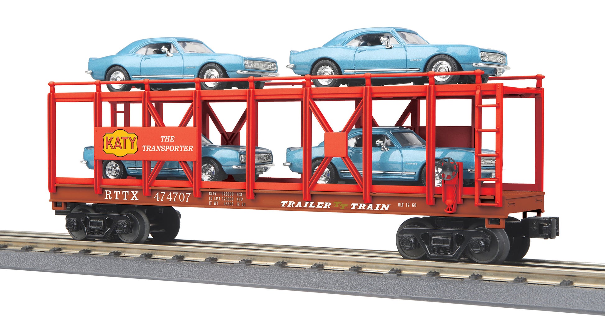MTH 30-76791 O MKT Auto Carrier Flat Car with 4 '67 Chevy Camaro #474707