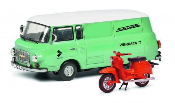 Schuco 450365400 1:43 Werkstatt - Barkas B 1000 Van with Simson KR 51/1 Scooter