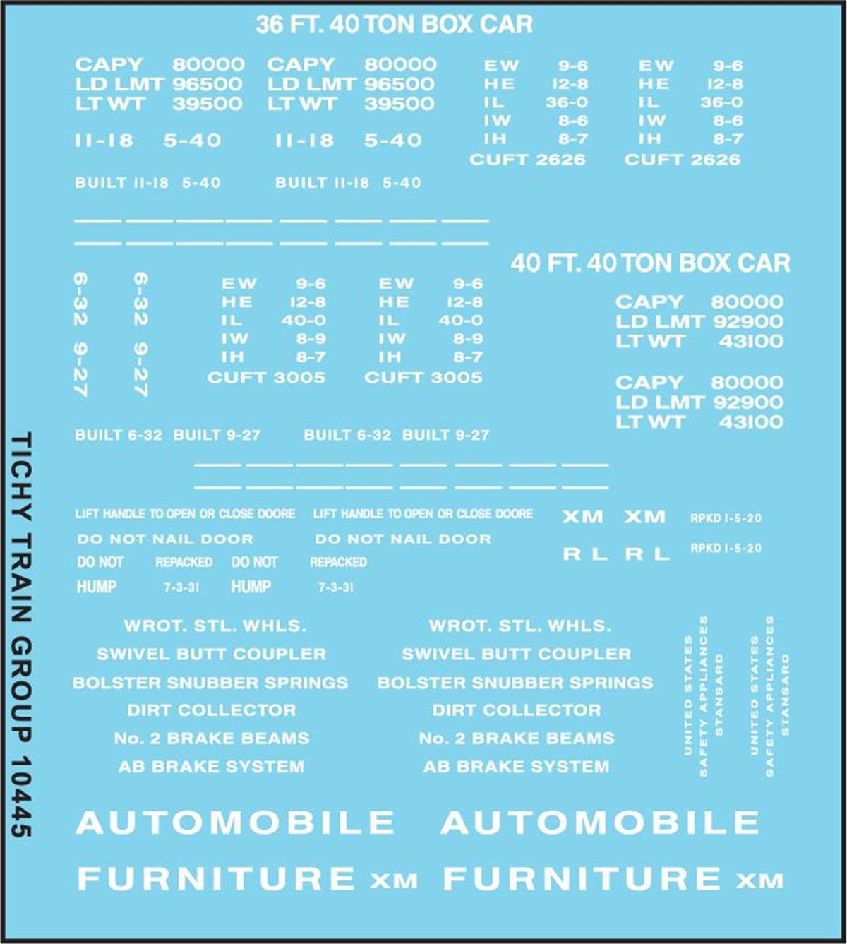 Tichy 10445 HO 36''/40'' Boxcar Data White Goth Decal Sheet