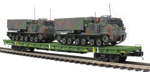 MTH 20-95468 O 60' Flatcar with 2 M270 Rocket Launcher Vehicles NIB