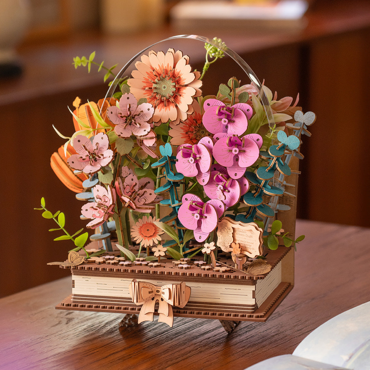 Robotime TW04H Rowood Wooden Blooming Book DIY Flower Bouquet 3D Puzzle