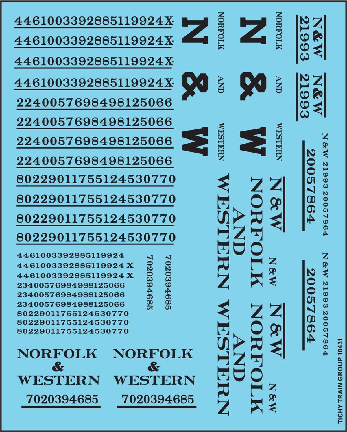 Tichy 10431N N Norfolk & Western Roadname Set Black Goth Decal Sheet