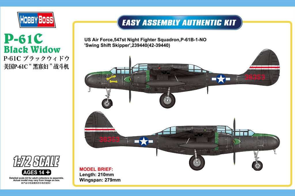 Hobby Boss Models 87263 1:72 Northrop P-61C Black Widow Military Plane Kit
