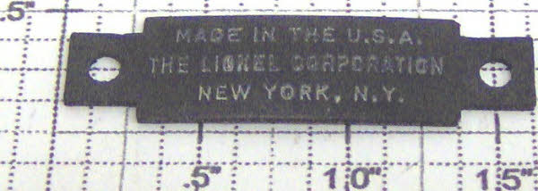 Lionel 671-158 O Gauge Steam Locomotive Collector Nameplate with Lionel Printing