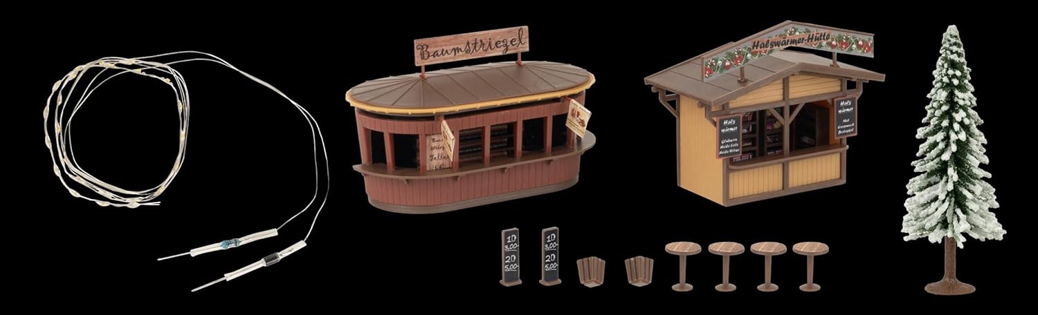 Faller 134006 HO 2 Christmas Market Stalls with Illuminated Christmas Tree Kit