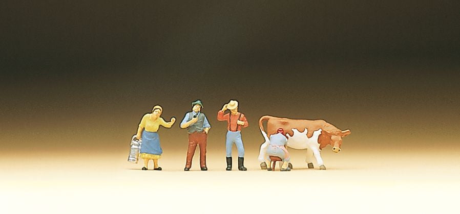 Preiser 79039 N Farm People with Cow Figures (Set of 4)