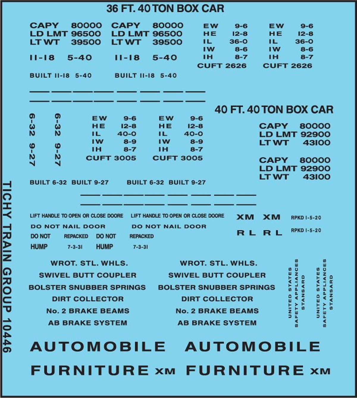 Tichy 10446N N 36'/40' Boxcar Data Black Goth Decal Sheet