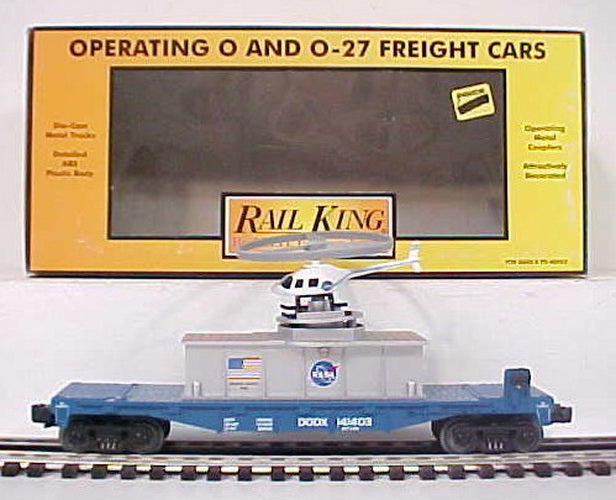 MTH 30-7940 O Gauge NASA Flatcar w/ Operating Helicopter LN/Box