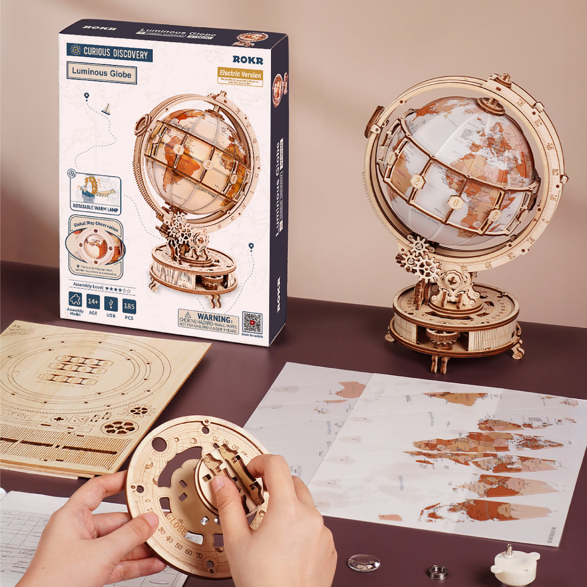 Robotime ST003D ROKR Electric Version Luminous Globe 3D Wooden Puzzle