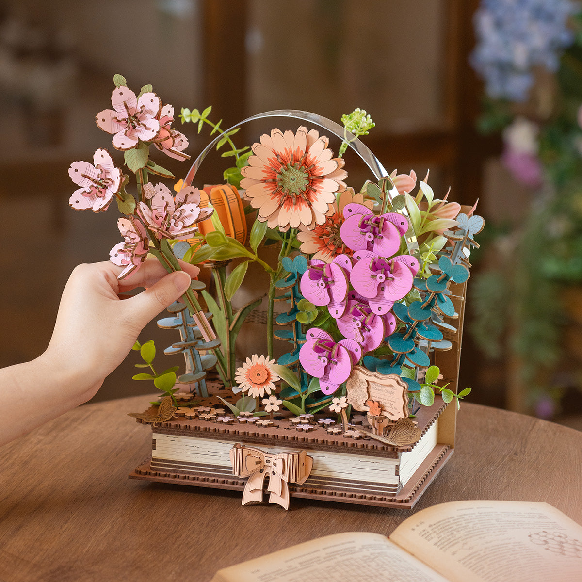 Robotime TW04H Rowood Wooden Blooming Book DIY Flower Bouquet 3D Puzzle