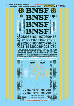 Microscale 87-1023 HO BNSF Heritage I Scheme Diesels 1996+ Waterslide Decal