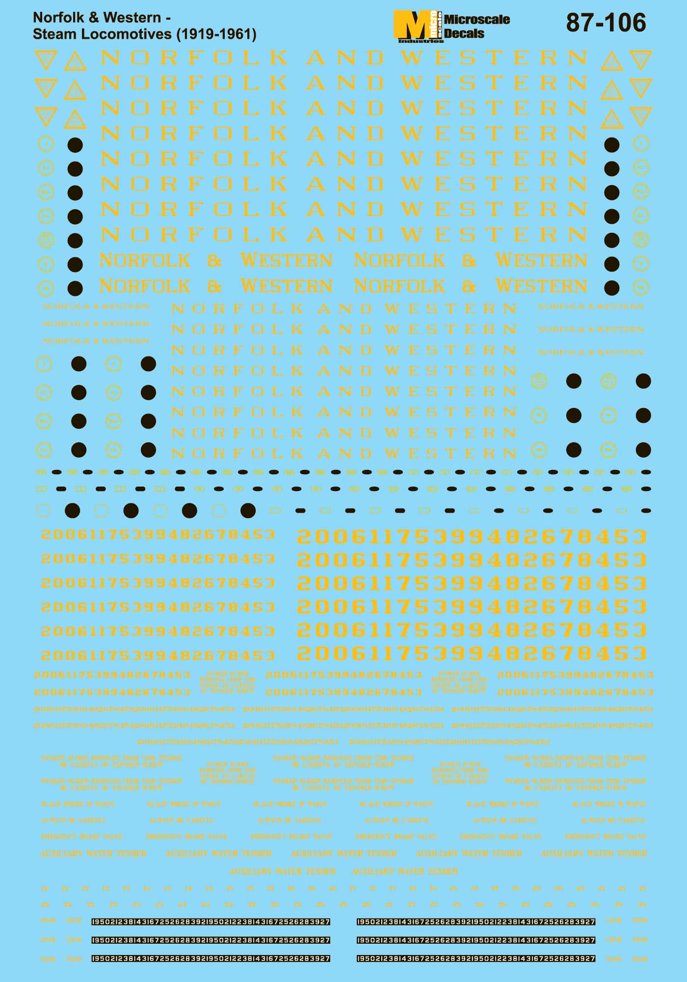 Microscale 87-106 HO 1919-1961 N&W Steam Locomotives Decal Sheet